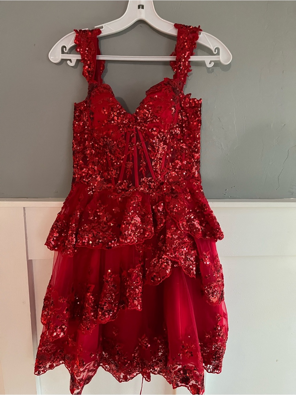 ADORA Red Sequin Tiered Party Dress